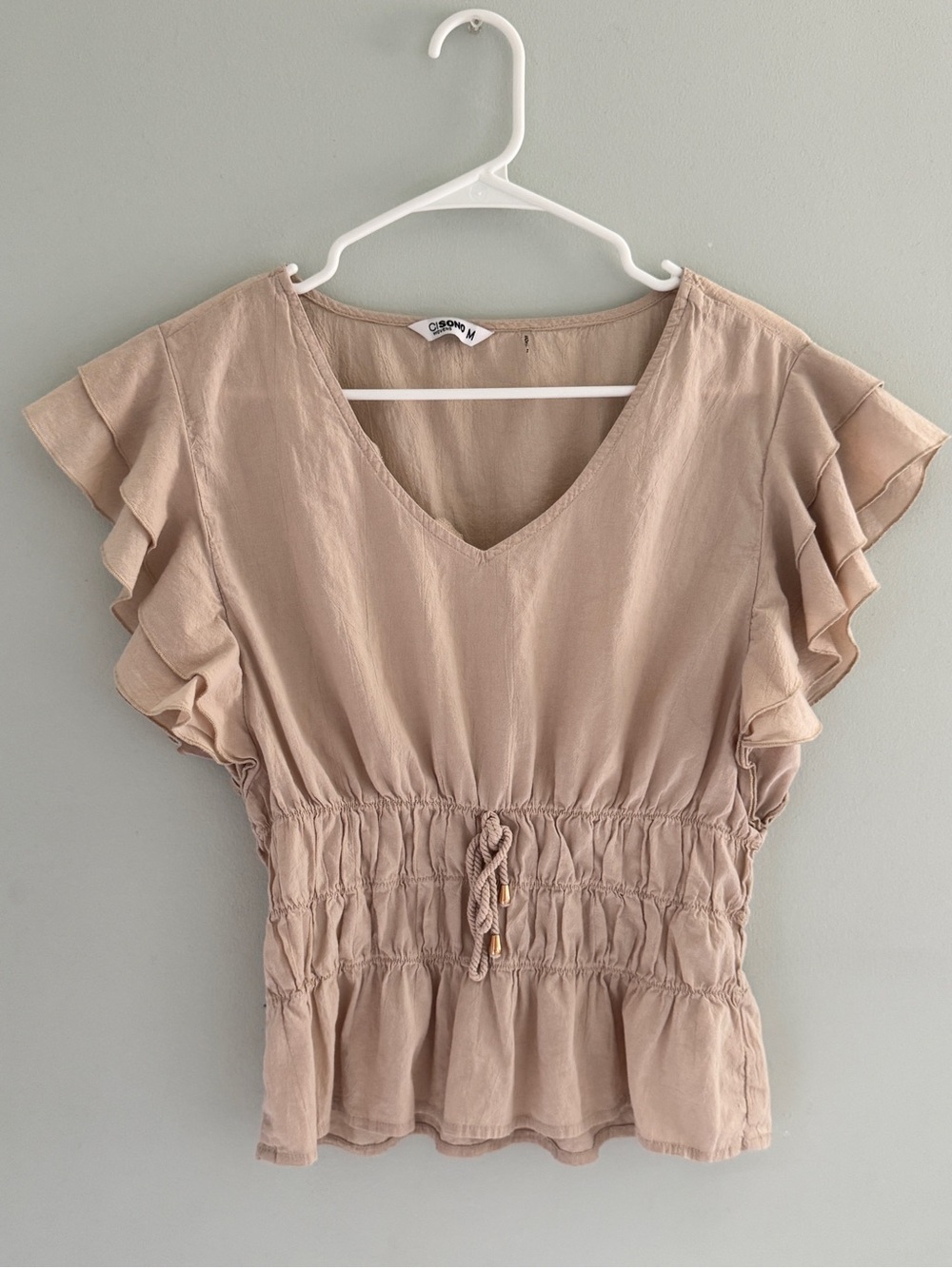 Ci Sono Taupe V-Neck Woven Cotton Flutter Sleeve Smocked Waist Top M